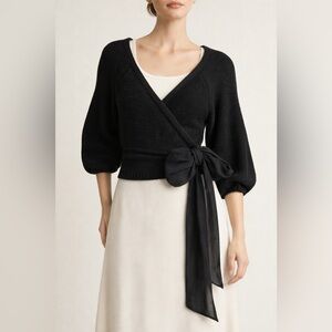 Anthropologie Guinevere Black Wrap Cardigan Medium Bow Tie Cropped Balletcore